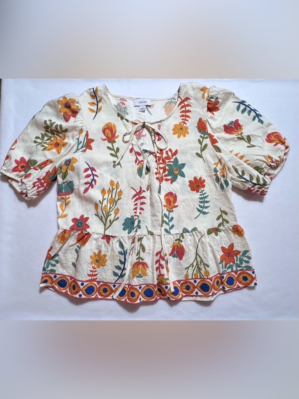 CeCe Cream Floral Tie-Neck Blouse with Multicolor Blooms